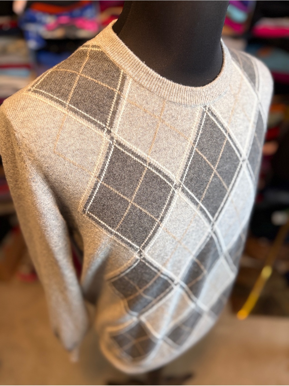 MacAlan Men's Light Gray Argyle Crewneck Cashmere Sweater